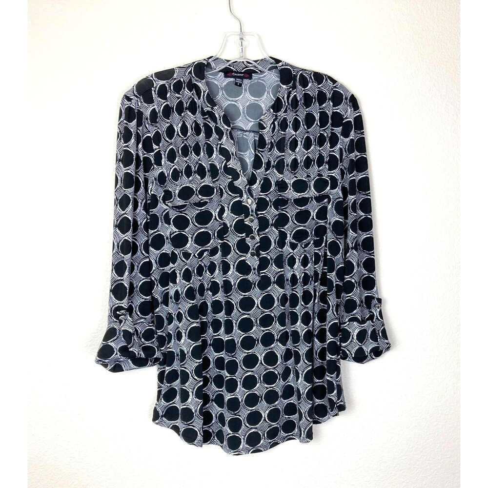 Cocomo Women's Popover Top Size S Black White V-Neck Roll-Tab Sleeve Office